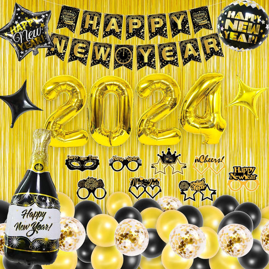 Items include balloon bouquet that reads "2024", "Happy New Year" banners in silver and gold colors