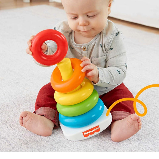 Stacking toy engages babies with colorful rings and roly-poly base for motor fun