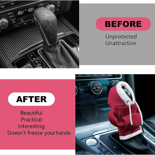 Car gear-shift decorated like a cozy red sweatshirt with drawstring and kangaroo pocket